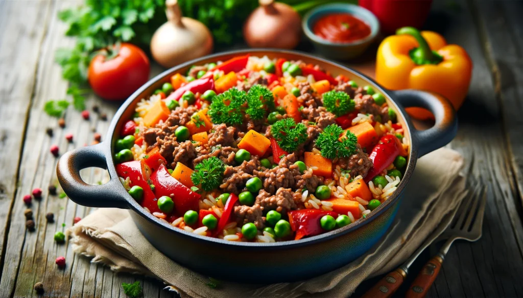 בשר טחון עם אורז וירקות בסיר אחד: ארוחה משגעת בקלי קלות