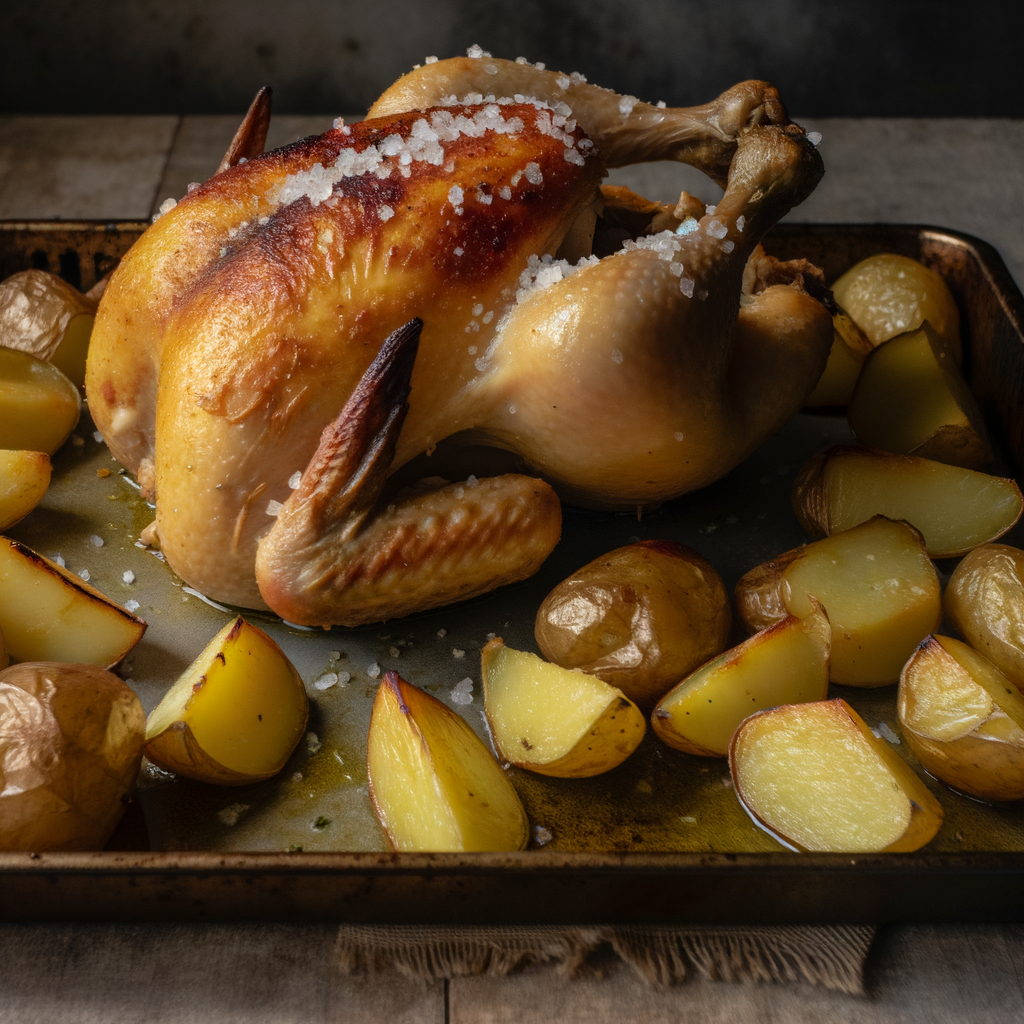 העוף המושלם: עוף במלח גס עם תפוחי אדמה קריספיים